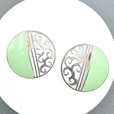 Vintage Round Mint Green Enamel Silver Tone Filigree Statement Earrings