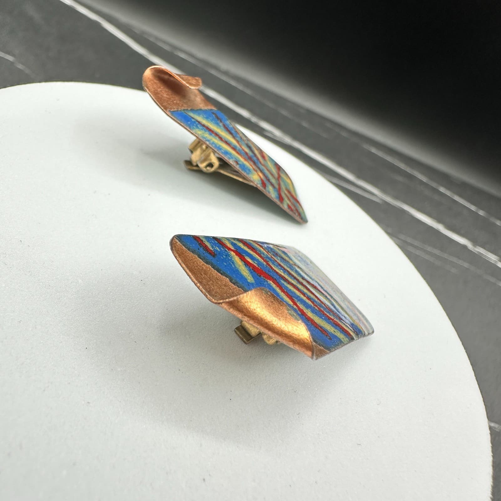 Vintage 80s 90s Abstract Enamel Dangle Earrings Geometric Modern Statement - Thumbnail 5