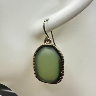 Green Matte Glass Drop Earrings Antique Gold Bezel Minimal Boho Chic - Thumbnail 3