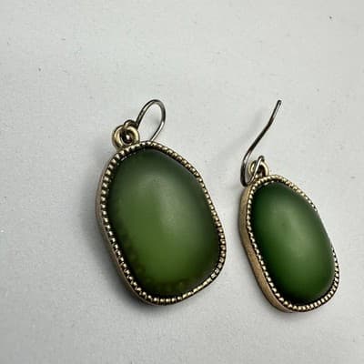 Green Matte Glass Drop Earrings Antique Gold Bezel Minimal Boho Chic - Thumbnail 6