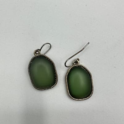 Green Matte Glass Drop Earrings Antique Gold Bezel Minimal Boho Chic - Thumbnail 7