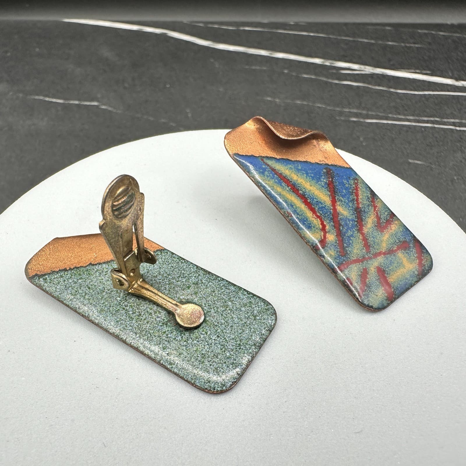 Vintage 80s 90s Abstract Enamel Dangle Earrings Geometric Modern Statement - Thumbnail 9