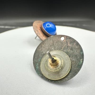 Vintage Blue Cabochon Stud Earrings Copper Tone Round Retro Modernist Style - Thumbnail 6