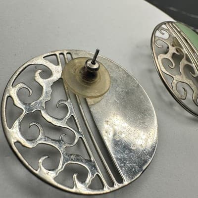 Vintage Round Mint Green Enamel Silver Tone Filigree Statement Earrings - Thumbnail 6