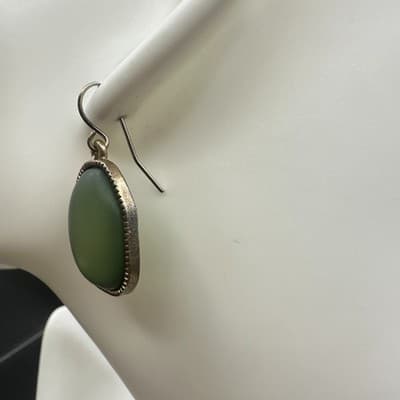 Green Matte Glass Drop Earrings Antique Gold Bezel Minimal Boho Chic - Thumbnail 4