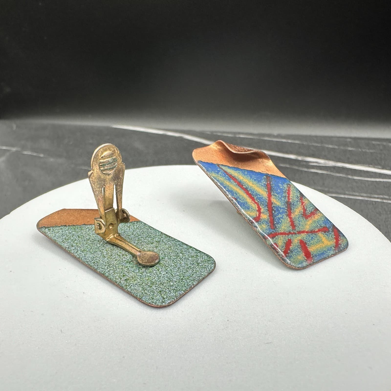 Vintage 80s 90s Abstract Enamel Dangle Earrings Geometric Modern Statement - Thumbnail 8