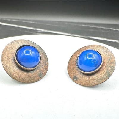 Vintage Blue Cabochon Stud Earrings Copper Tone Round Retro Modernist Style