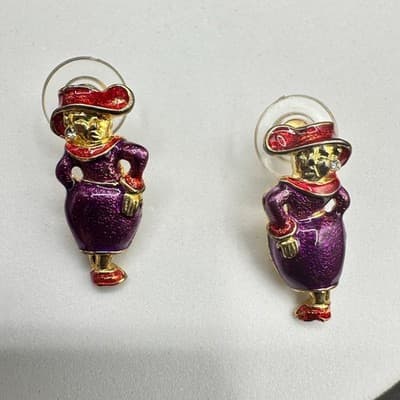 Vintage Enamel Lady Figure Earrings Women Purple Red Gold Tone Cute Retro Studs - Thumbnail 3