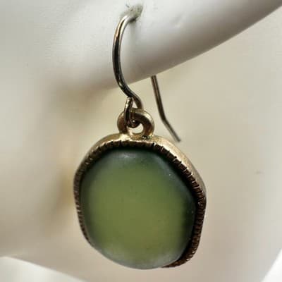 Green Matte Glass Drop Earrings Antique Gold Bezel Minimal Boho Chic - Thumbnail 8