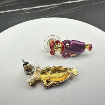 Vintage Enamel Lady Figure Earrings Women Purple Red Gold Tone Cute Retro Studs - Thumbnail 5