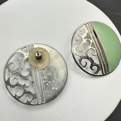 Vintage Round Mint Green Enamel Silver Tone Filigree Statement Earrings - Thumbnail 5
