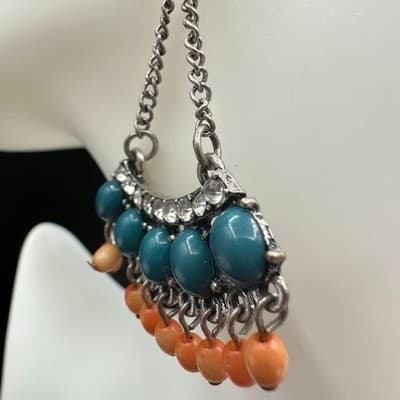 Vintage Boho Teal & Orange Beaded Chandelier Earrings Rhinestone Chain Dangle - Thumbnail 8