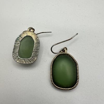 Green Matte Glass Drop Earrings Antique Gold Bezel Minimal Boho Chic - Thumbnail 11