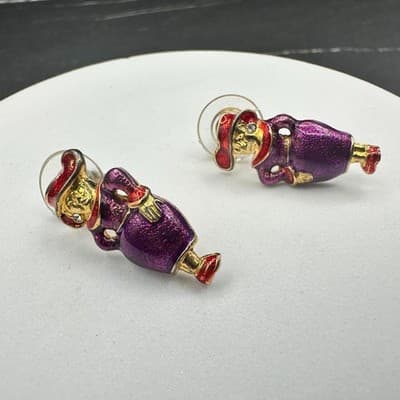 Vintage Enamel Lady Figure Earrings Women Purple Red Gold Tone Cute Retro Studs - Thumbnail 2