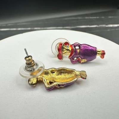 Vintage Enamel Lady Figure Earrings Women Purple Red Gold Tone Cute Retro Studs - Thumbnail 4