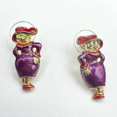 Vintage Enamel Lady Figure Earrings Women Purple Red Gold Tone Cute Retro Studs