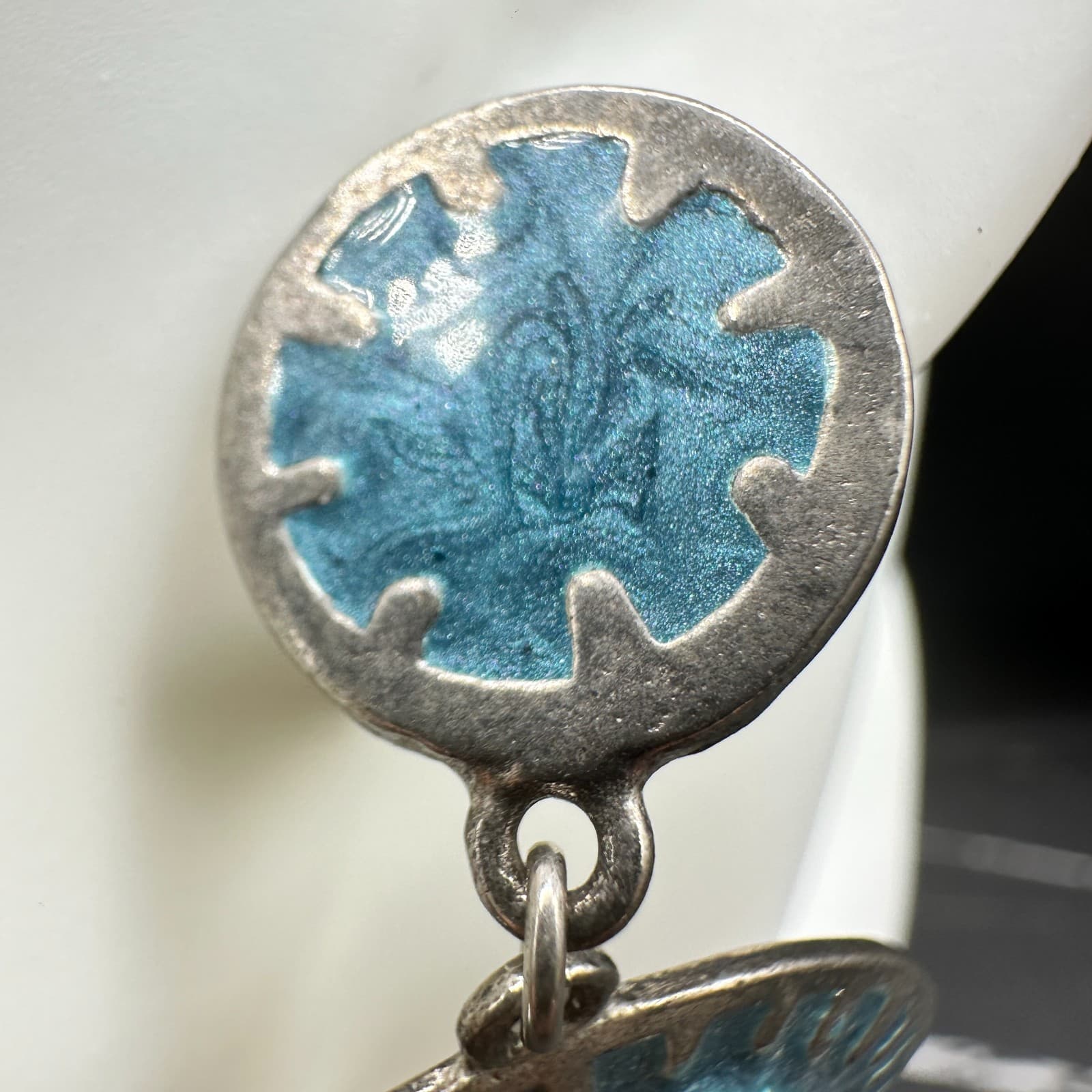 Vintage Silver Tone Blue Enamel Dangle Earrings Large Oval Post Boho Jewelry - Thumbnail 6
