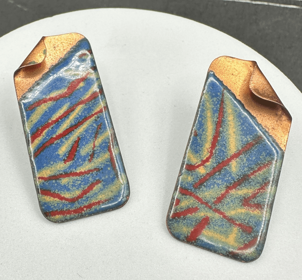 Vintage 80s 90s Abstract Enamel Dangle Earrings Geometric Modern Statement