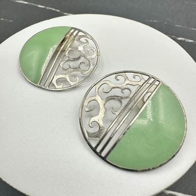 Vintage Round Mint Green Enamel Silver Tone Filigree Statement Earrings - Thumbnail 3