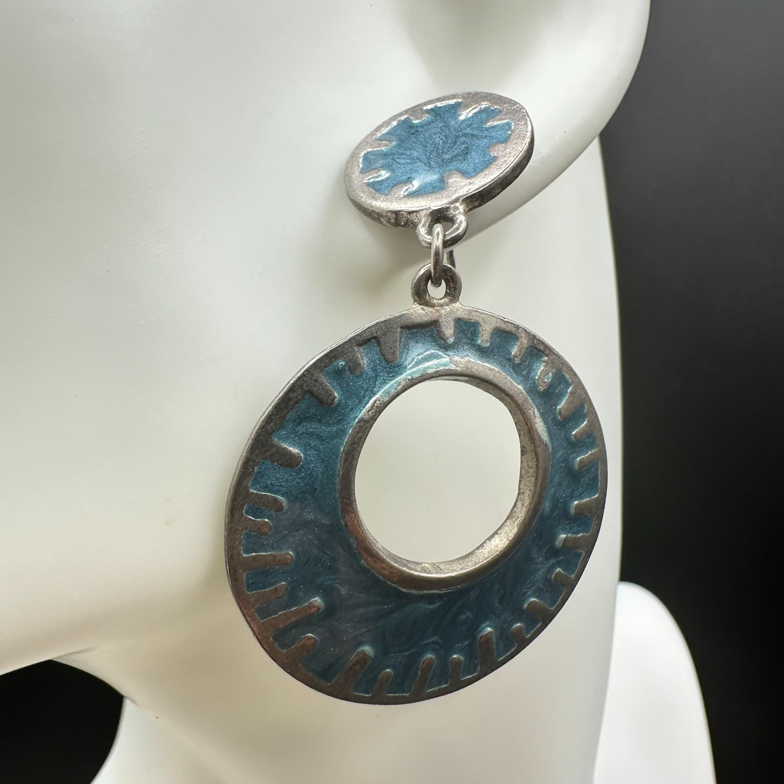 Vintage Silver Tone Blue Enamel Dangle Earrings Large Oval Post Boho Jewelry - Thumbnail 3