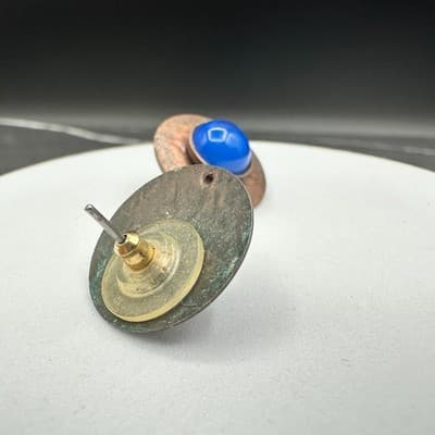 Vintage Blue Cabochon Stud Earrings Copper Tone Round Retro Modernist Style - Thumbnail 7