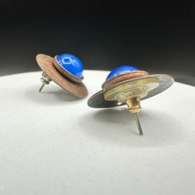 Vintage Blue Cabochon Stud Earrings Copper Tone Round Retro Modernist Style - Thumbnail 5
