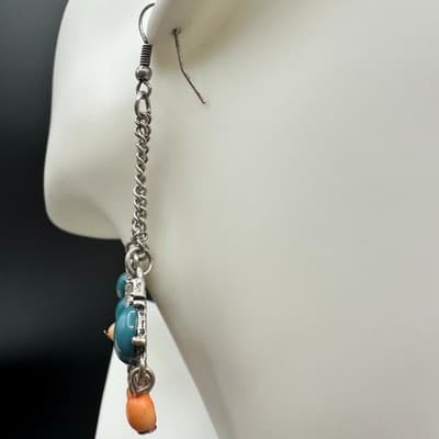 Vintage Boho Teal & Orange Beaded Chandelier Earrings Rhinestone Chain Dangle - Thumbnail 9