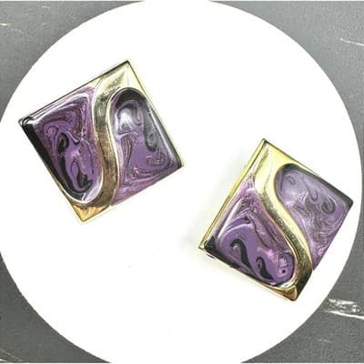 VTG Purple Gold Abstract Enamel Stud Earring Square Retro Art Deco Style Jewelry