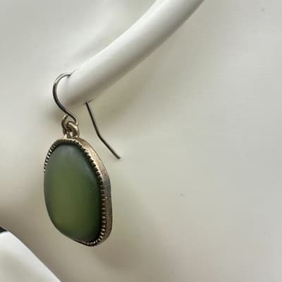 Green Matte Glass Drop Earrings Antique Gold Bezel Minimal Boho Chic - Thumbnail 5