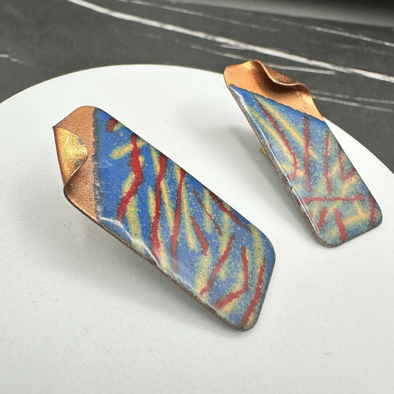 Vintage 80s 90s Abstract Enamel Dangle Earrings Geometric Modern Statement - Thumbnail 4