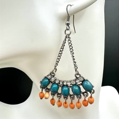 Vintage Boho Teal & Orange Beaded Chandelier Earrings Rhinestone Chain Dangle - Thumbnail 2