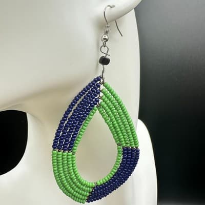 VTG Beaded Teardrop Dangle Earrings Green Blue Seed Beads Boho Fashion Jewelry - Thumbnail 5