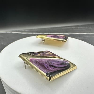 VTG Purple Gold Abstract Enamel Stud Earring Square Retro Art Deco Style Jewelry - Thumbnail 5