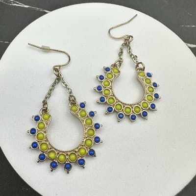 VTG Boho Dangle Earrings Blue Green Bead Crescent Drop Gold Tone Chain Style - Thumbnail 10