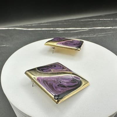 VTG Purple Gold Abstract Enamel Stud Earring Square Retro Art Deco Style Jewelry - Thumbnail 6