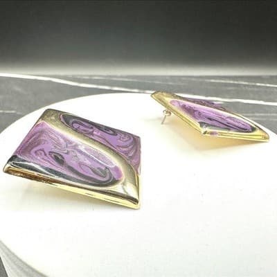 VTG Purple Gold Abstract Enamel Stud Earring Square Retro Art Deco Style Jewelry - Thumbnail 4