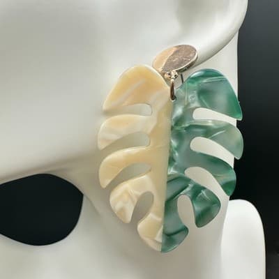 Acrylic Monstera Leaf Statement Earrings Green Cream Split Color Dangle Fashion - Thumbnail 2