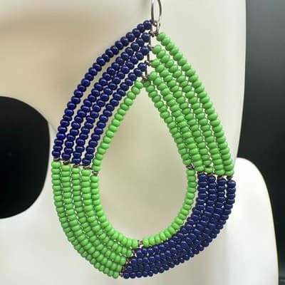 VTG Beaded Teardrop Dangle Earrings Green Blue Seed Beads Boho Fashion Jewelry - Thumbnail 8