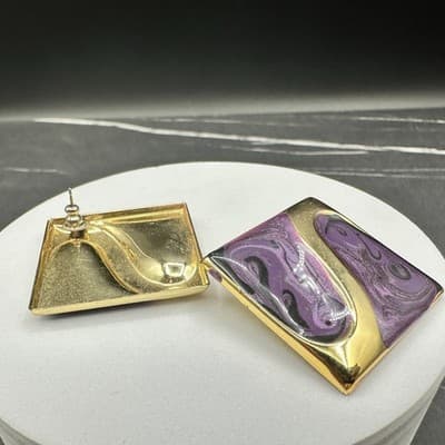 VTG Purple Gold Abstract Enamel Stud Earring Square Retro Art Deco Style Jewelry - Thumbnail 8
