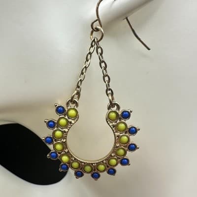 VTG Boho Dangle Earrings Blue Green Bead Crescent Drop Gold Tone Chain Style - Thumbnail 3