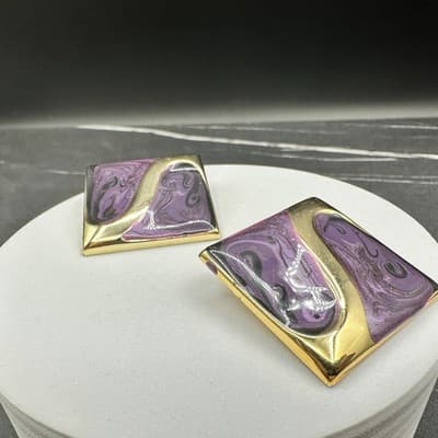 VTG Purple Gold Abstract Enamel Stud Earring Square Retro Art Deco Style Jewelry - Thumbnail 7