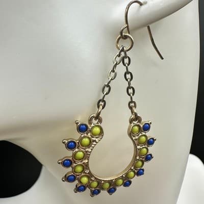 VTG Boho Dangle Earrings Blue Green Bead Crescent Drop Gold Tone Chain Style - Thumbnail 5