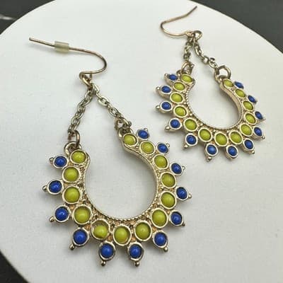 VTG Boho Dangle Earrings Blue Green Bead Crescent Drop Gold Tone Chain Style - Thumbnail 11