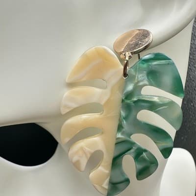 Acrylic Monstera Leaf Statement Earrings Green Cream Split Color Dangle Fashion - Thumbnail 5