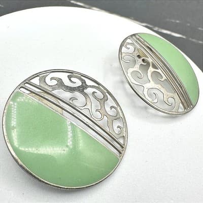 Vintage Round Mint Green Enamel Silver Tone Filigree Statement Earrings - Thumbnail 2