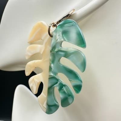 Acrylic Monstera Leaf Statement Earrings Green Cream Split Color Dangle Fashion - Thumbnail 3