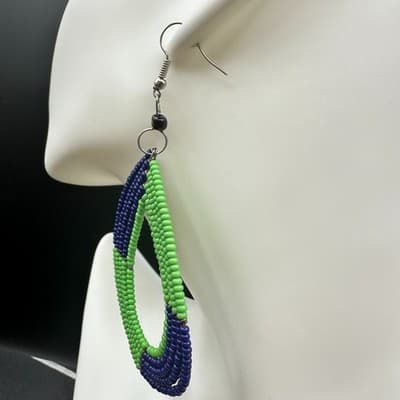 VTG Beaded Teardrop Dangle Earrings Green Blue Seed Beads Boho Fashion Jewelry - Thumbnail 6