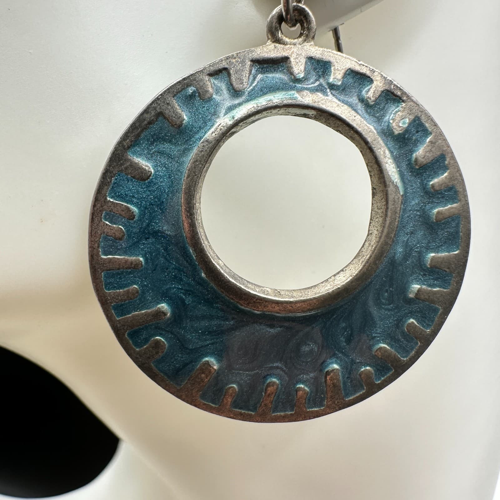 Vintage Silver Tone Blue Enamel Dangle Earrings Large Oval Post Boho Jewelry - Thumbnail 7