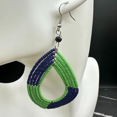 VTG Beaded Teardrop Dangle Earrings Green Blue Seed Beads Boho Fashion Jewelry - Thumbnail 7