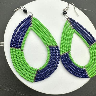 VTG Beaded Teardrop Dangle Earrings Green Blue Seed Beads Boho Fashion Jewelry - Thumbnail 9
